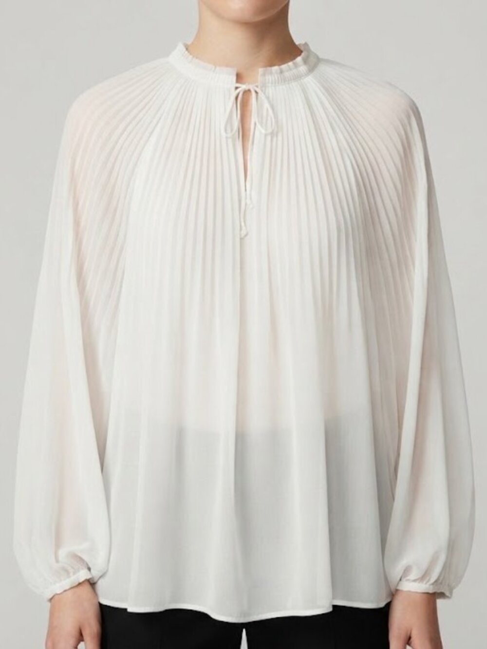 White Pleated Long-Sleeve Blouse
